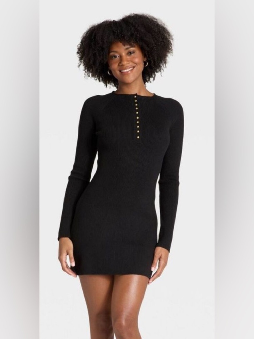 Universal Thread Black Ribbed Long-Sleeve Knit Dress with Button Detail